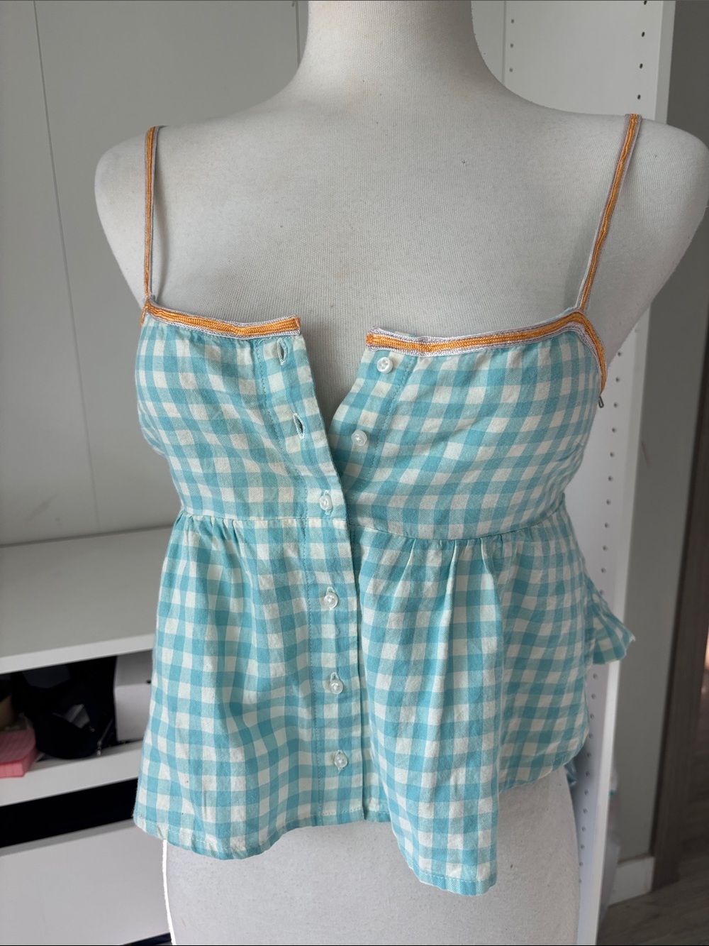 Urban Outfitters Blue Gingham Spaghetti-Strap Button Front Top with Orange Trim